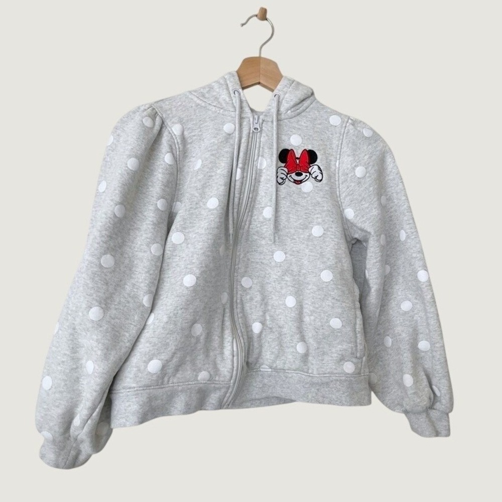 Disney Minnie Mouse Polka Dot Zip Up Hoodie Gray Puff Sleeve XS